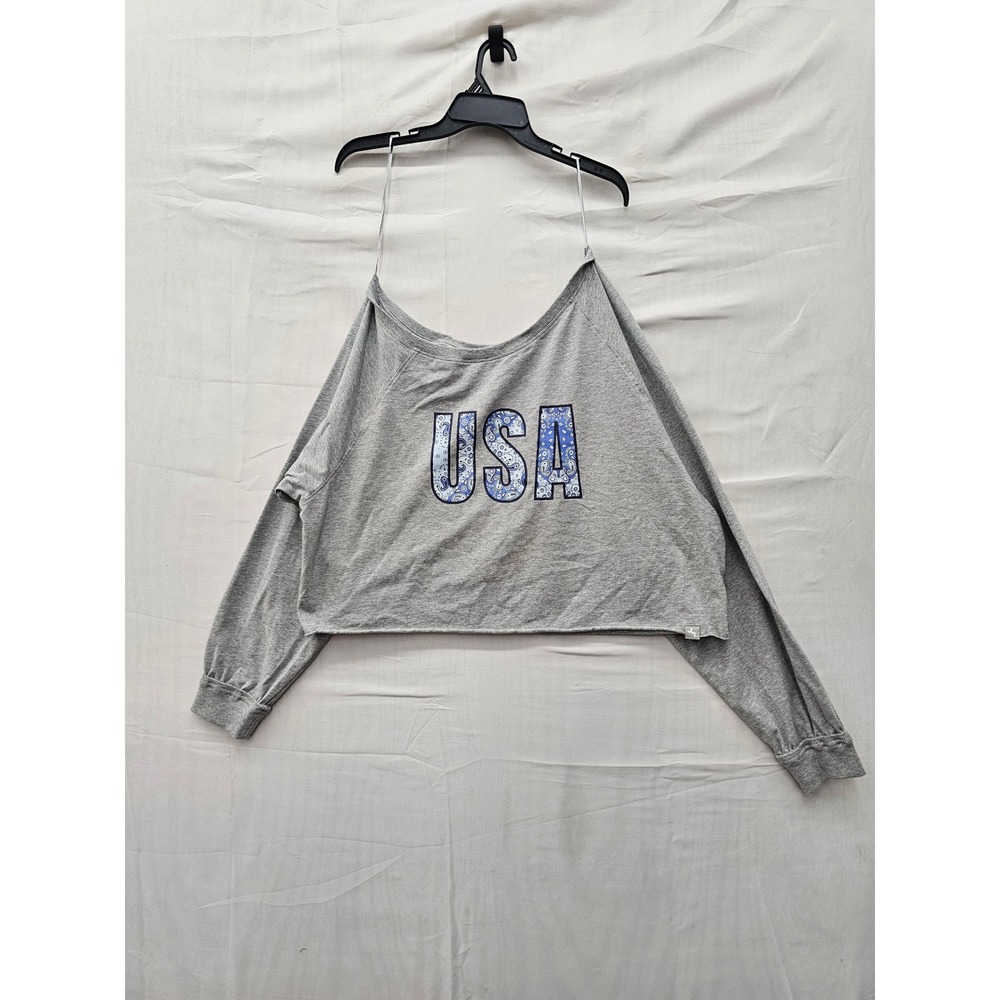 JoyLab Womens USA Graphic Long Sleeve Crop Top Gray Cotton Casual Size XL